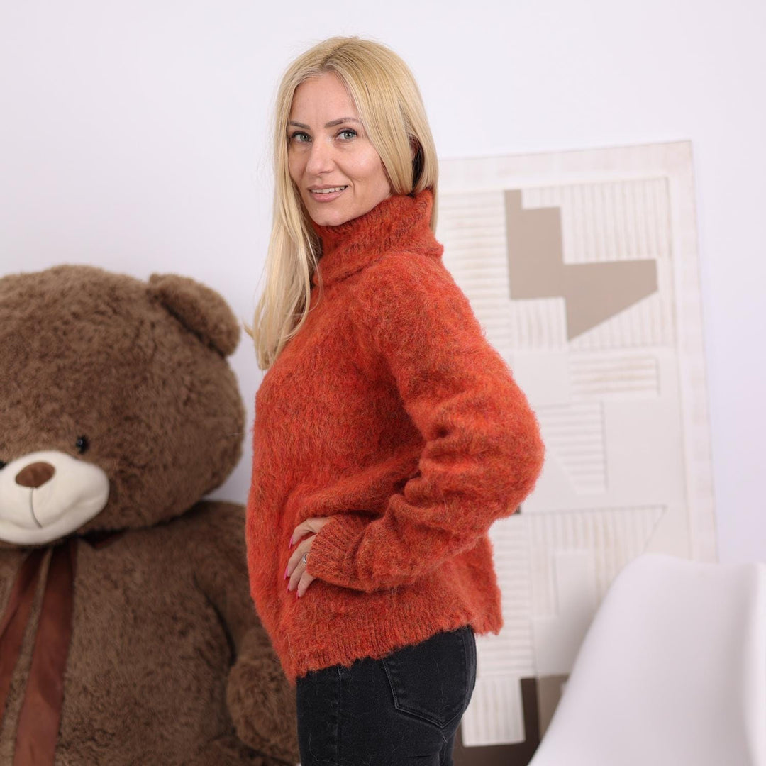 Brushed Alpaca Sweater in Burnt Orange - Fluffy Soft Turtleneck Pullover - Handmade Fuzzy Jumper T1825