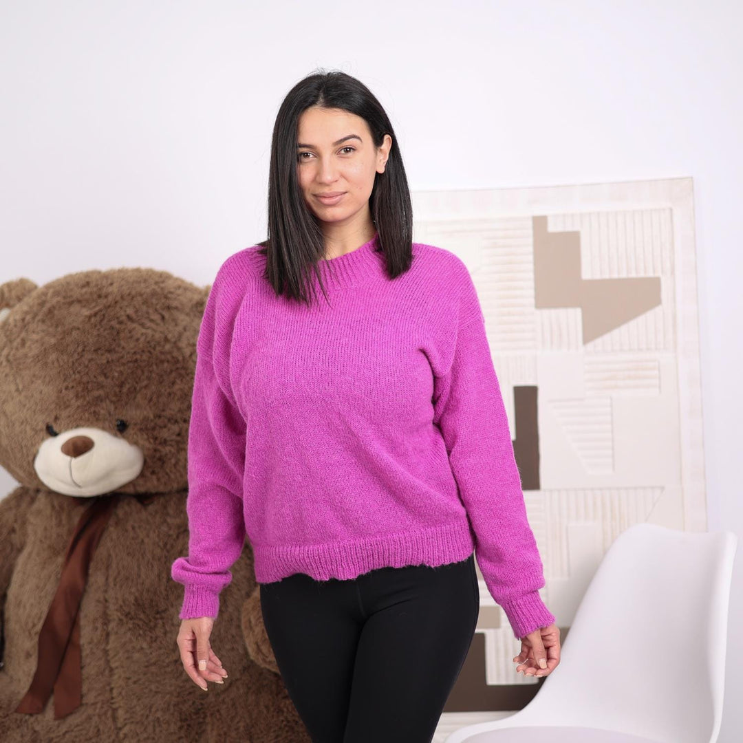 Fuchsia Alpaca Sweater, Soft Lightweight Hand-Knitted Cozy Pullover T1826