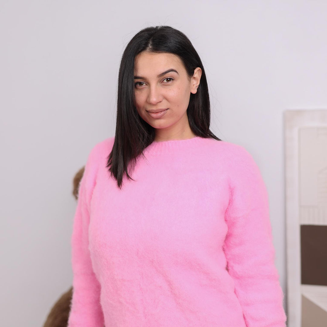 Pink Alpaca Blend Sweater, Fluffy Brushed Hand-Knitted Soft Stretchy Pullover T1829