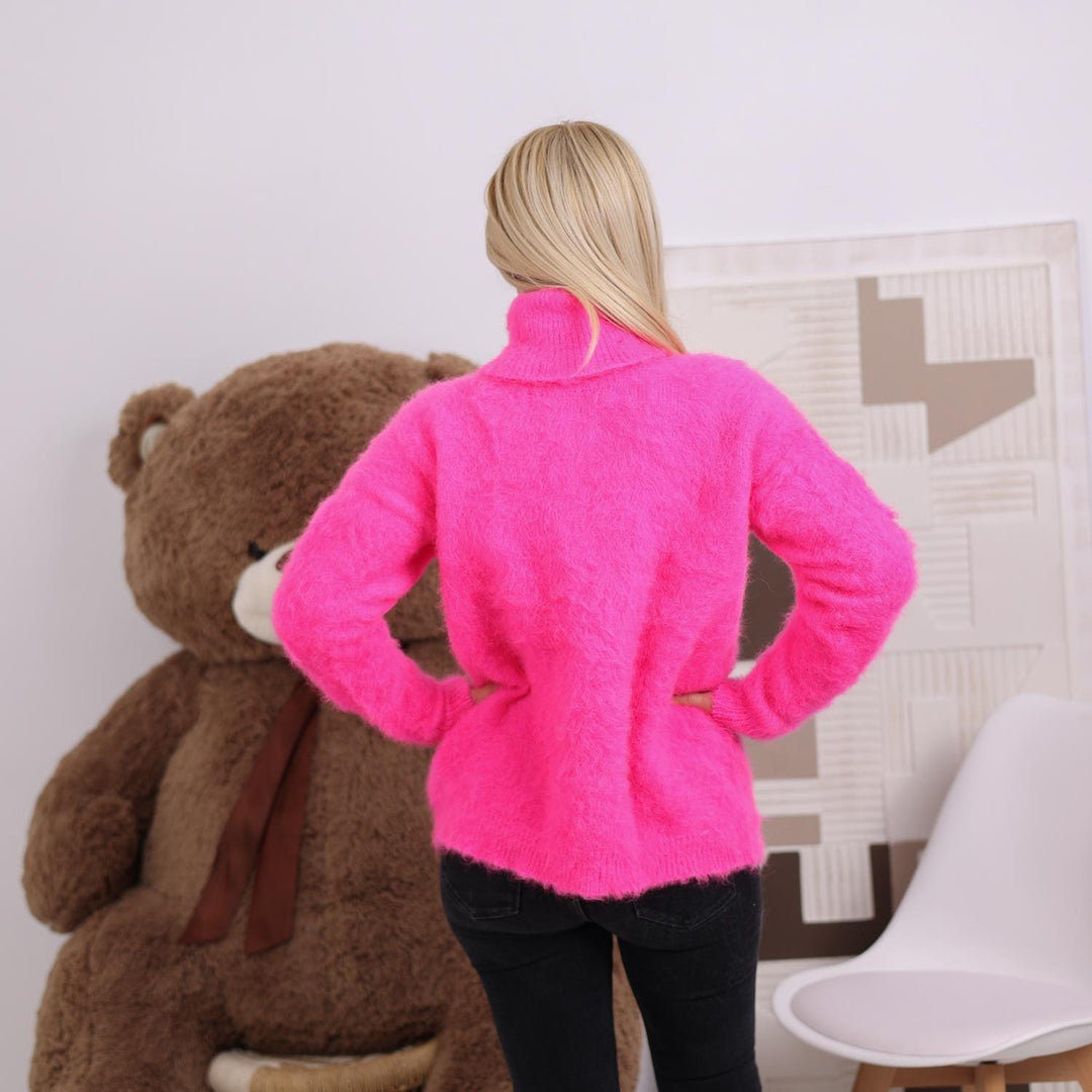 Hot Pink Alpaca Sweater, Fluffy Brushed Hand-Knitted Soft Stretchy Turtleneck Pullover T1831