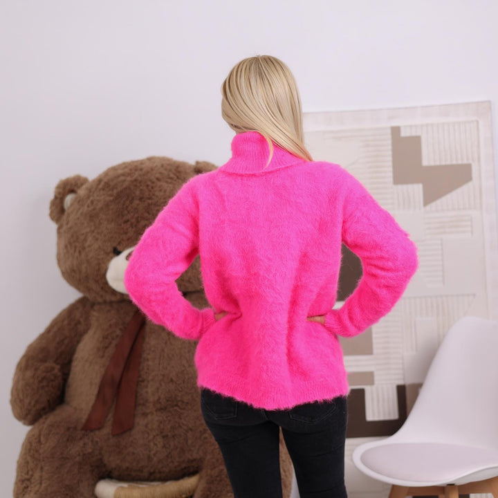 Hot Pink Alpaca Sweater, Fluffy Brushed Hand-Knitted Soft Stretchy Turtleneck Pullover T1831