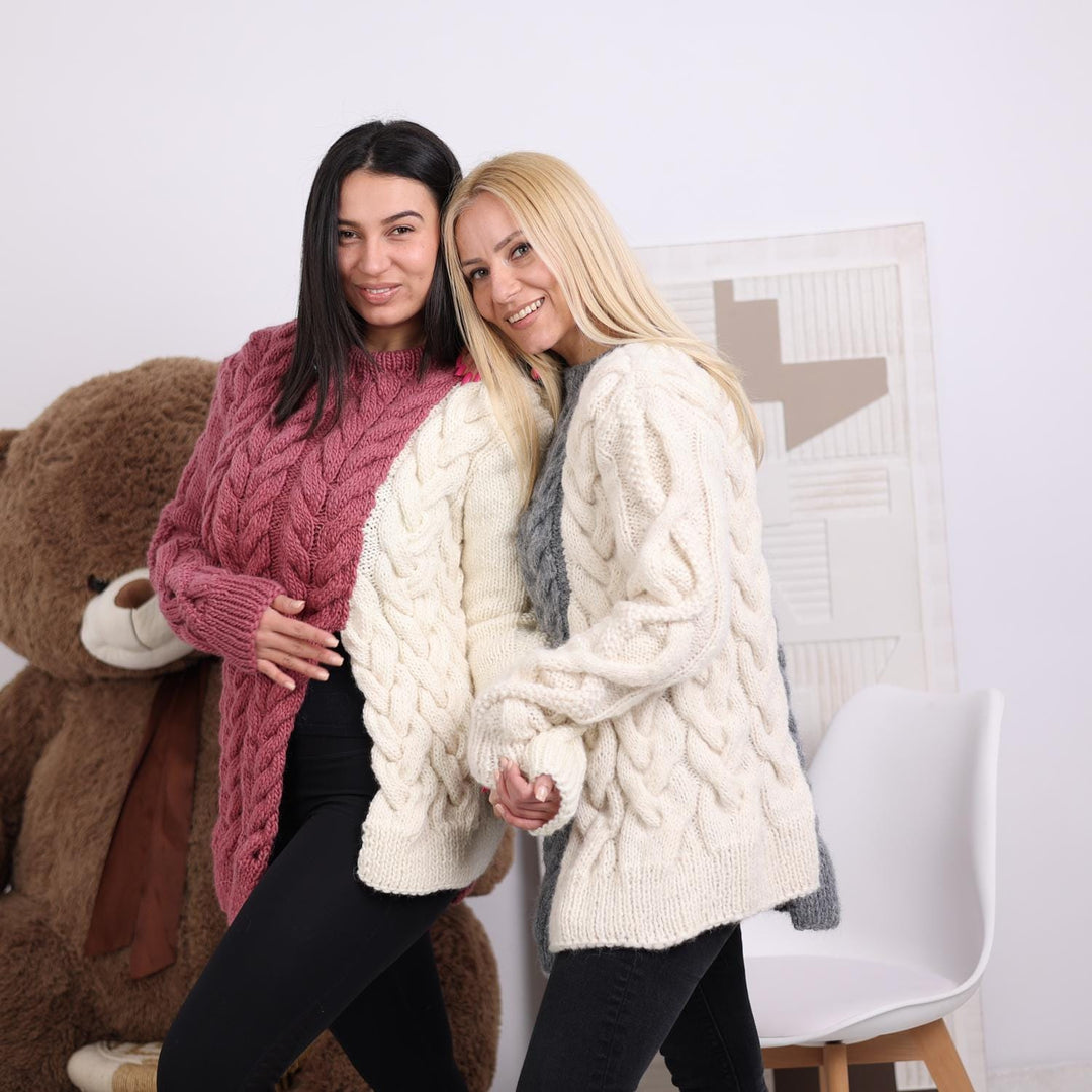 Asymmetrical Alpaca Sweater, Two-Tone Hand Knitted Cable Pullover, Cozy Wool Statement Jumper T1837