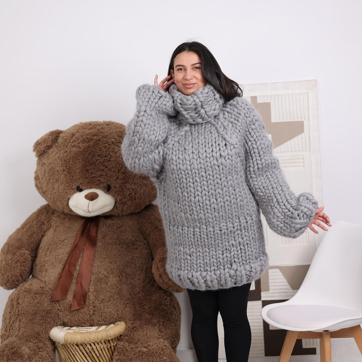 Chunky Merino Roving Sweater, Hand Knitted Oversized Soft Pullover T1846