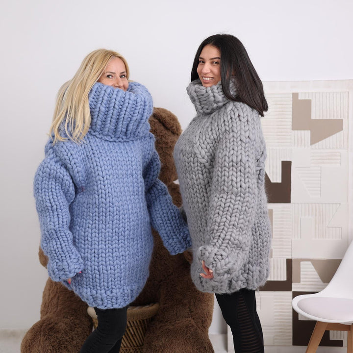 Chunky Merino Wool Sweater with 50 cm Cowlneck, Hand Knitted Roving Pullover T1849
