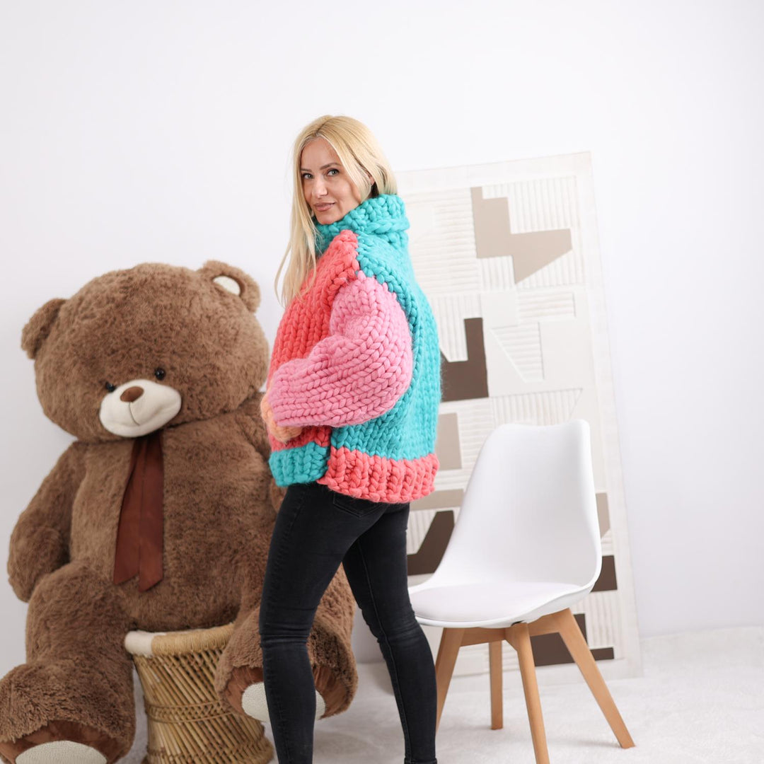 Colorful Chunky Merino Wool Sweater, Hand Knitted Multicolor Pullover T1851