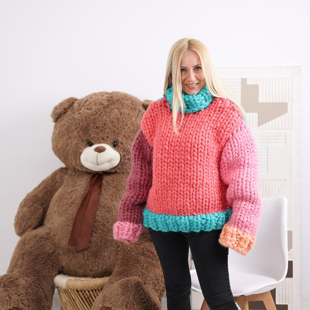 Colorful Chunky Merino Wool Sweater, Hand Knitted Multicolor Pullover T1851