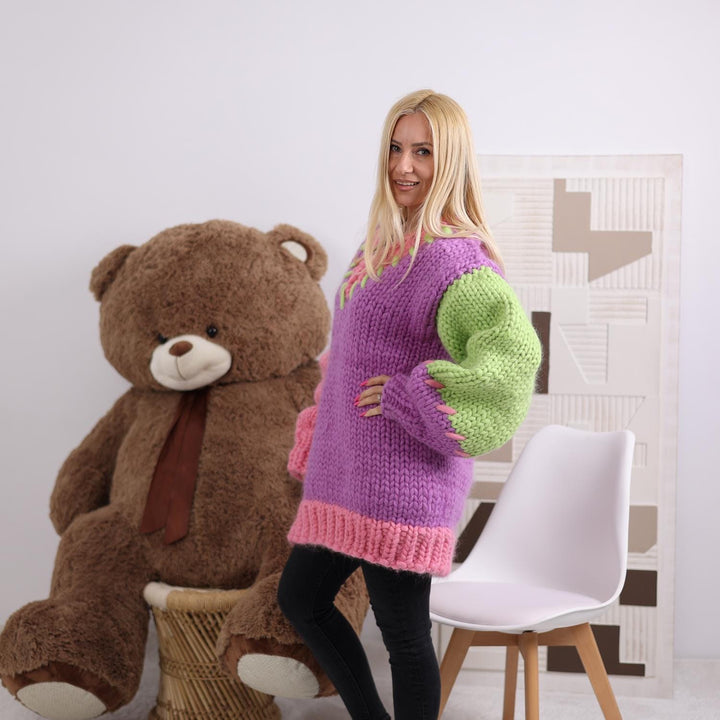 Colorful V-Neck Chunky Merino Sweater, Hand Knitted Multicolor Oversized Pullover T1852