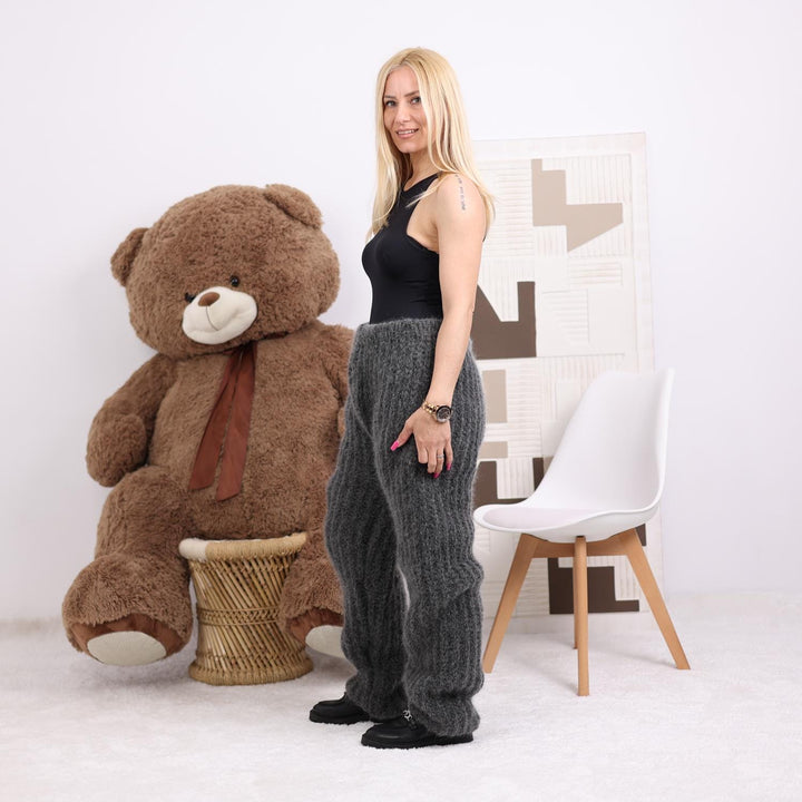 Chunky Mohair Knit Pants, Hand Knitted 15-Strand Italian Yarn Fluffy Trousers T1856