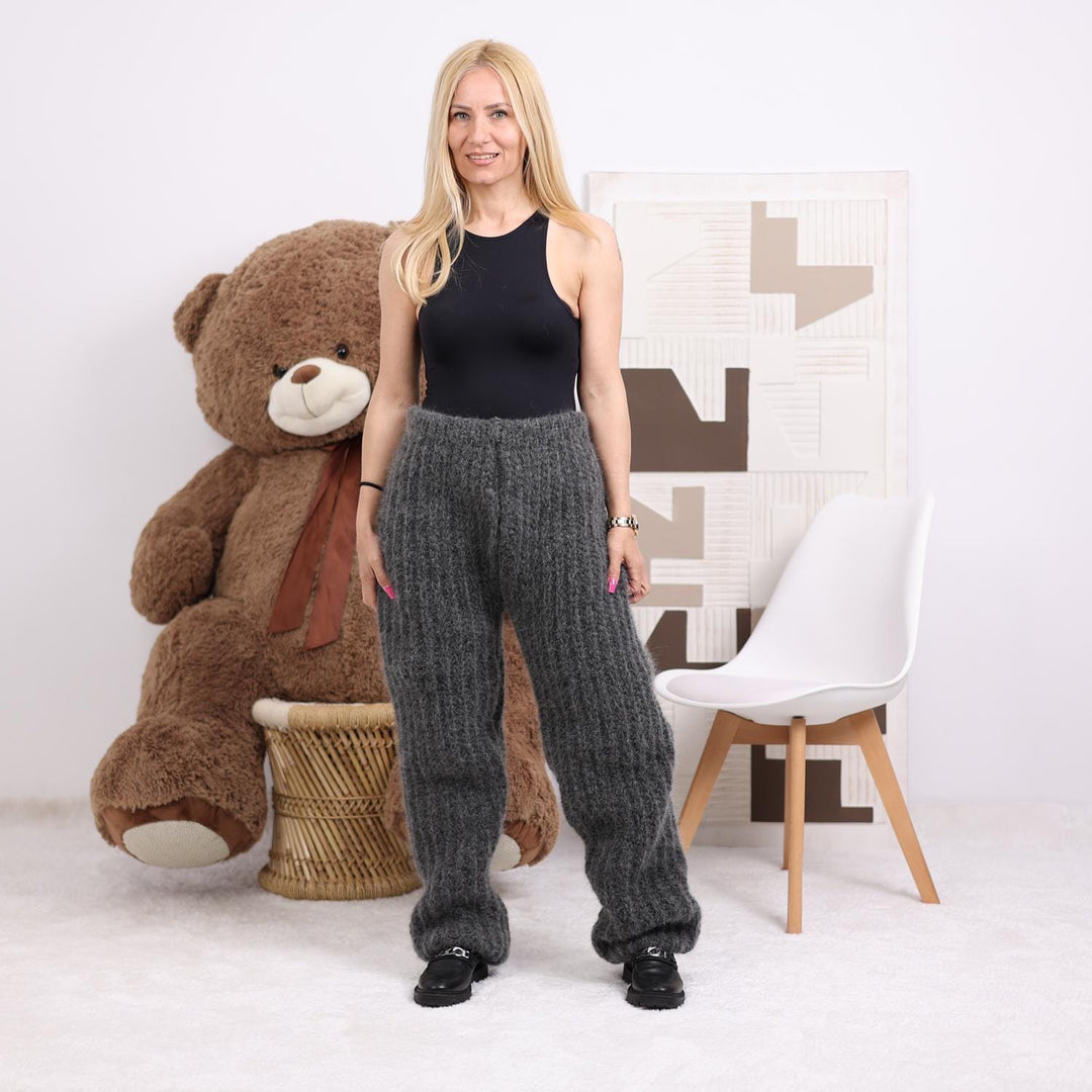 Chunky Mohair Knit Pants, Hand Knitted 15-Strand Italian Yarn Fluffy Trousers T1856