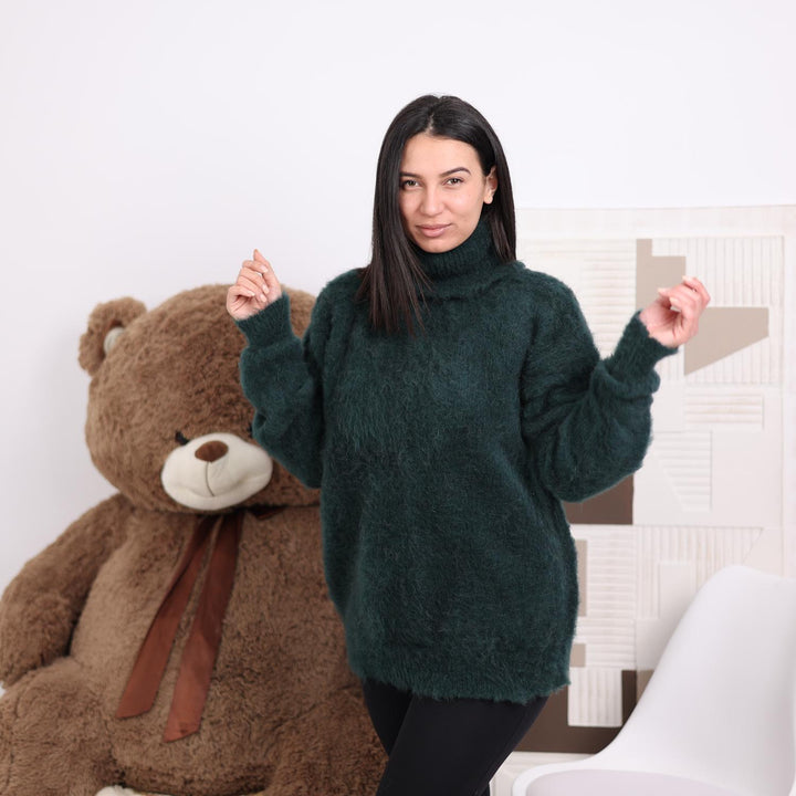 Green Alpaca Sweater, Hand-Knitted Fuzzy Soft Oversized Chunky Turtleneck Pullover T1824