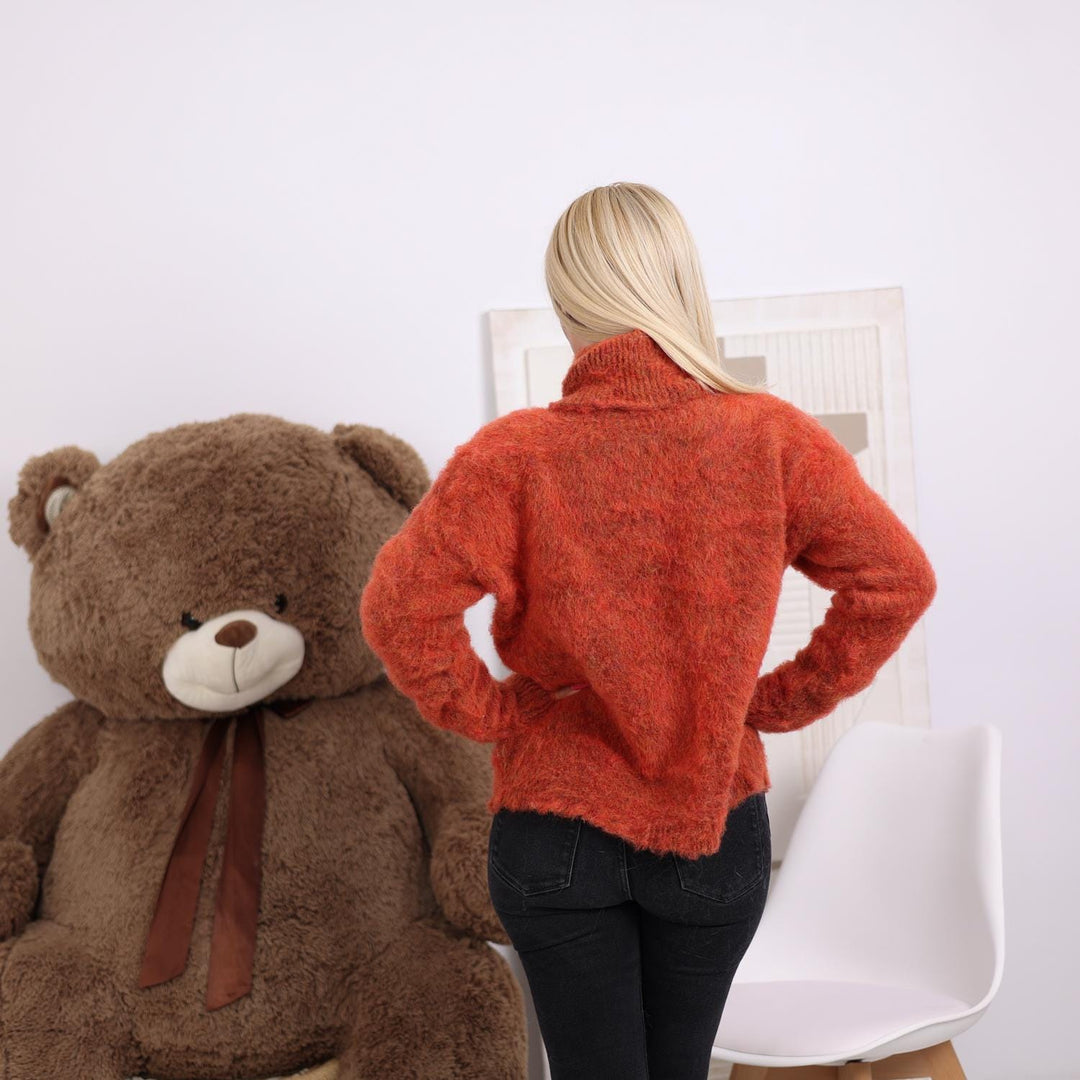 Brushed Alpaca Sweater in Burnt Orange - Fluffy Soft Turtleneck Pullover - Handmade Fuzzy Jumper T1825