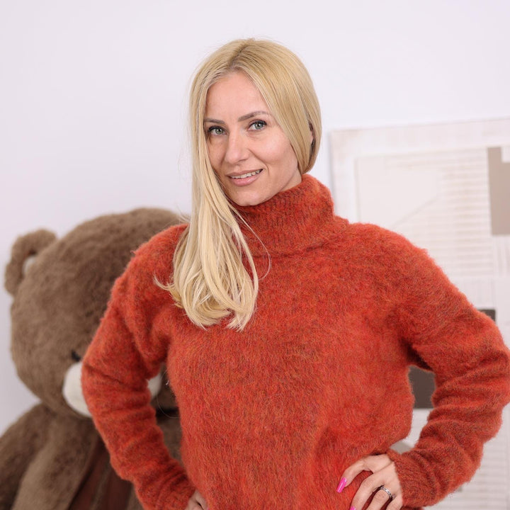 Brushed Alpaca Sweater in Burnt Orange - Fluffy Soft Turtleneck Pullover - Handmade Fuzzy Jumper T1825