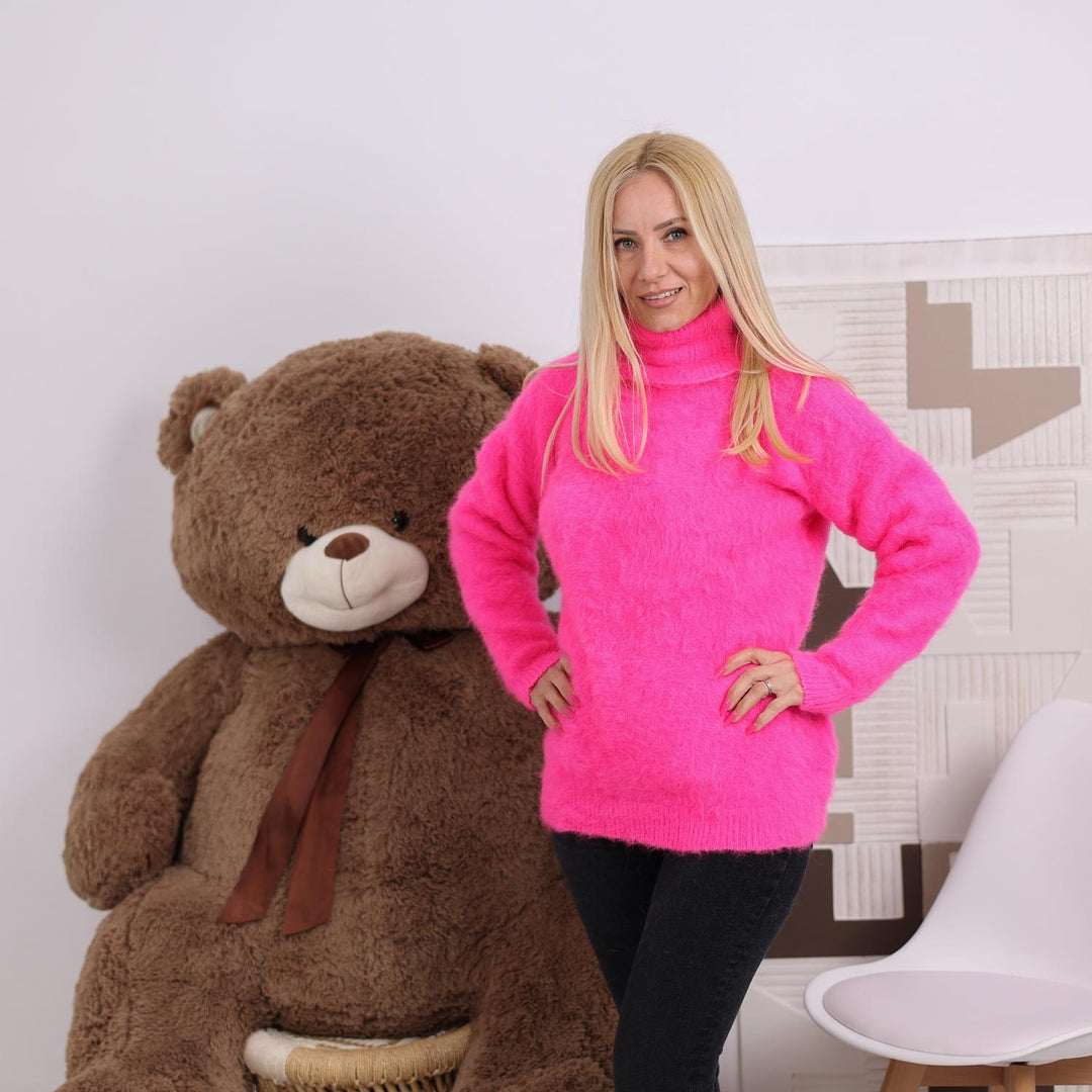Hot Pink Alpaca Sweater, Fluffy Brushed Hand-Knitted Soft Stretchy Turtleneck Pullover T1831