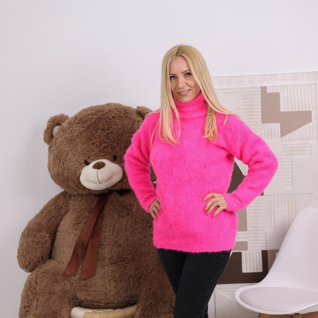 Hot Pink Alpaca Sweater, Fluffy Brushed Hand-Knitted Soft Stretchy Turtleneck Pullover T1831