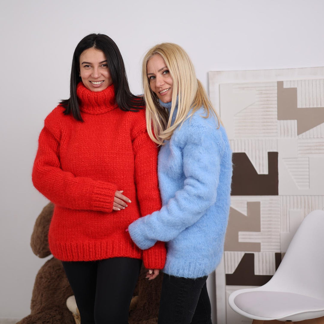 Light Blue Alpaca Sweater, 10-Strand Hand Knitted Fluffy Turtleneck, Soft Chunky  Pullover T1833