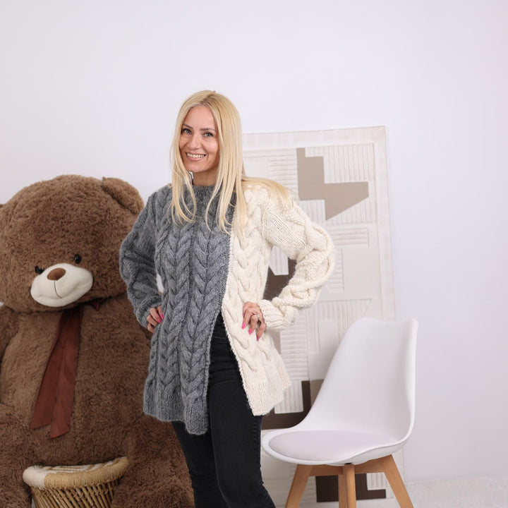 Asymmetrical Alpaca Sweater, Two-Tone Hand Knitted Cable Pullover, Cozy Wool Statement Jumper T1837