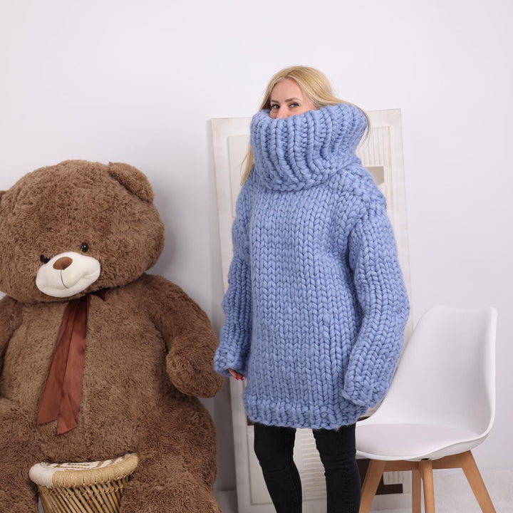 Chunky Merino Wool Sweater with 50 cm Cowlneck, Hand Knitted Roving Pullover T1849