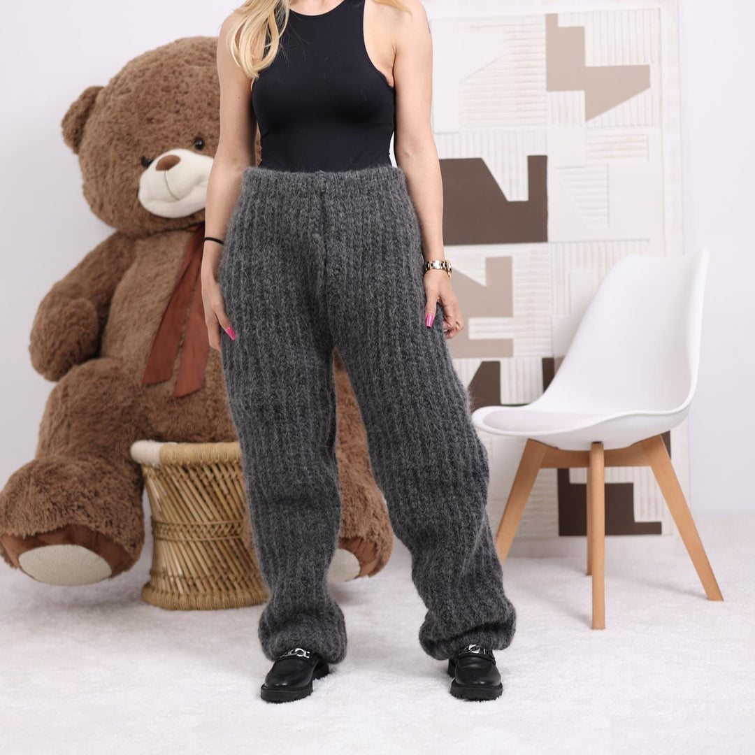 Chunky Mohair Knit Pants, Hand Knitted 15-Strand Italian Yarn Fluffy Trousers T1856
