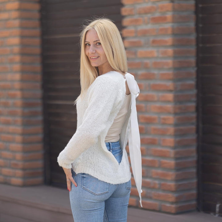 One available in size M , Hand Knitted Bio Cotton Sweater with Open Back T1858