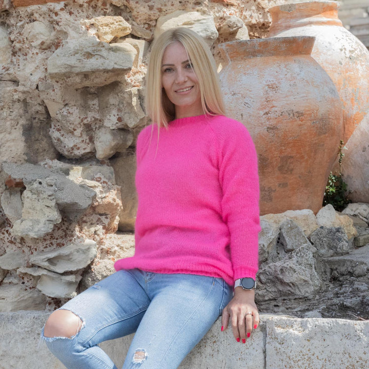 One available in size L, Neon Pink Loose Knit Alpaca Sweater – See-Through Pullover T1861