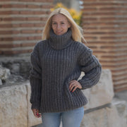 Pull en alpaga épais pour femme, tricoté main en laine 10 fils, col roulé point de riz anglais T1863