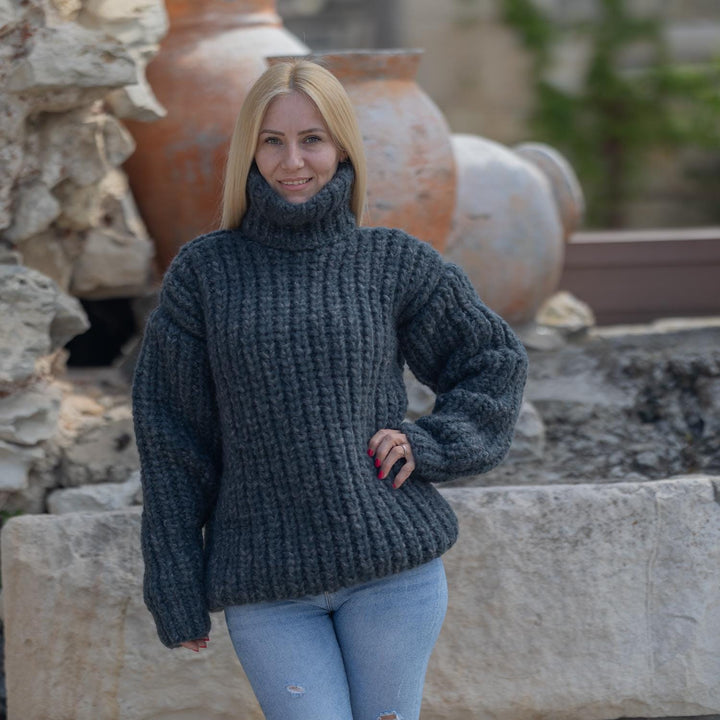 Super Chunky Gray Alpaca Sweater – Hand Knitted 12 Strand Turtleneck in English Rib T1864