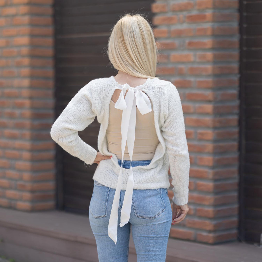 One available in size M , Hand Knitted Bio Cotton Sweater with Open Back T1858