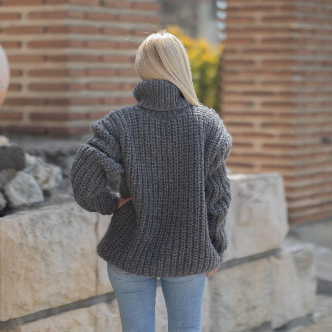 Chunky Alpaca Sweater for Women, Hand Knitted 10-Strand Wool English Rib Turtleneck T1863
