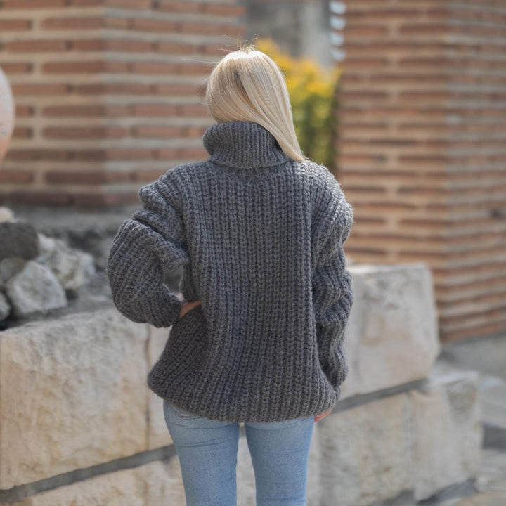Chunky Alpaca Sweater for Women, Hand Knitted 10-Strand Wool English Rib Turtleneck T1863