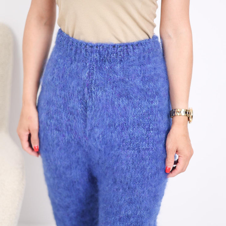Alpaca Merino Knit Pants, Hand Knitted 6-Strand Soft Fluffy Blue Trousers T1908