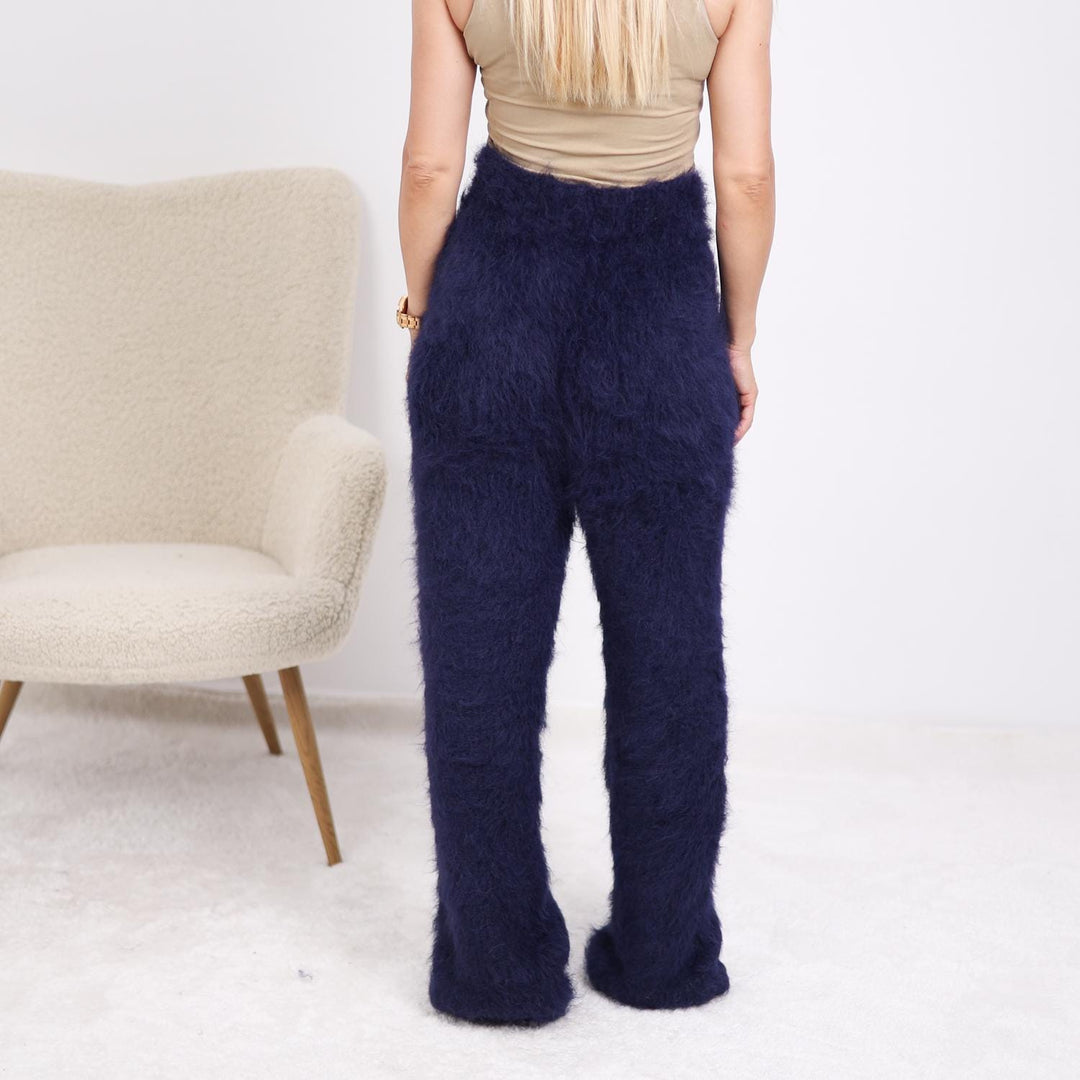 Suri Alpaca Knit Pants, Hand Knitted Long Haired Fluffy Navy Blue Trousers T1909