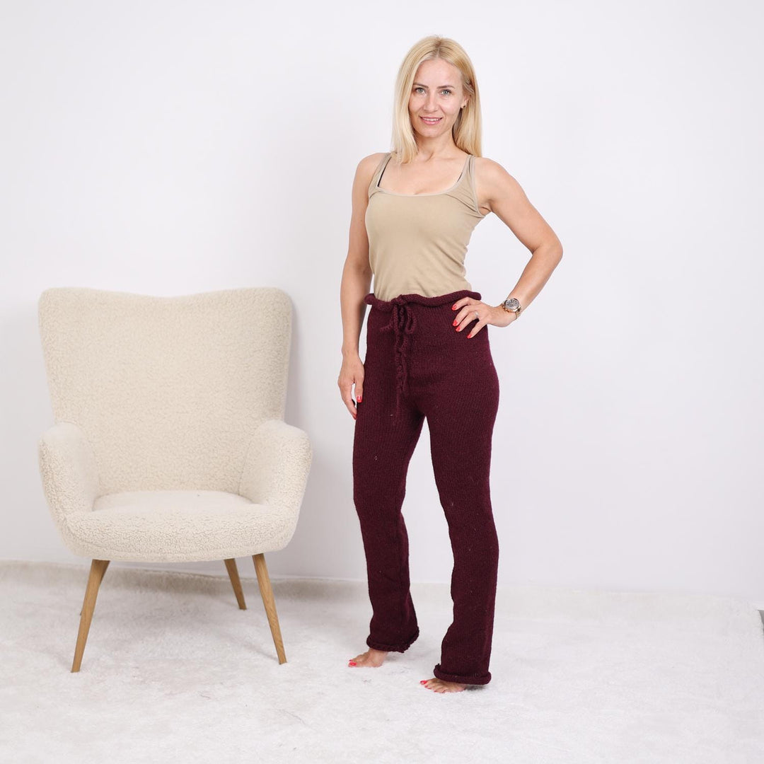 Burgundy Wool Knit Pants – Hand Knitted Itchy Wool Trousers T1911