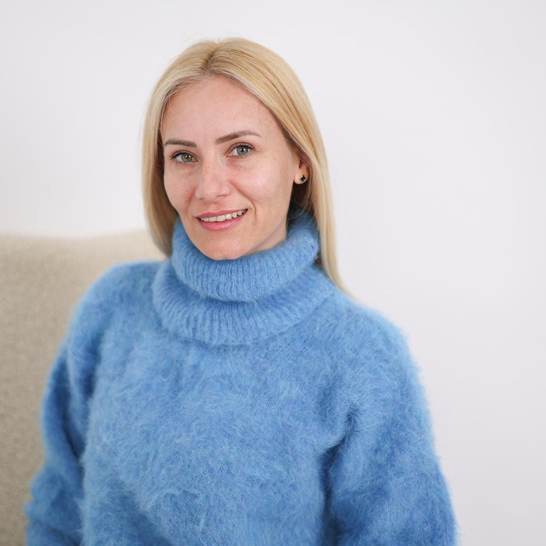 Soft Fluffy Alpaca Sweater, Hand-Knitted Fuzzy Blue Pullover T1905
