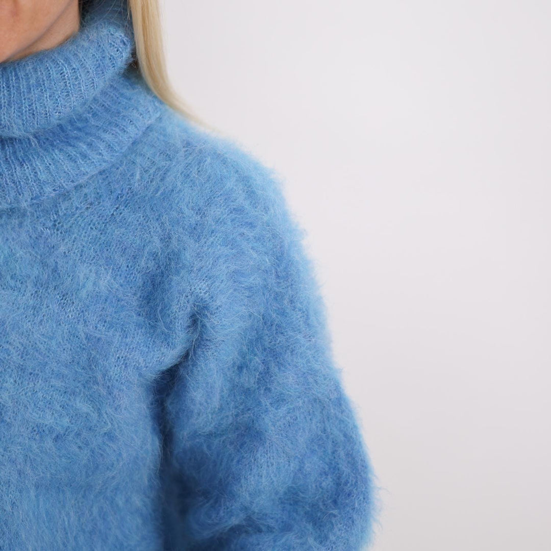Soft Fluffy Alpaca Sweater, Hand-Knitted Fuzzy Blue Pullover T1905