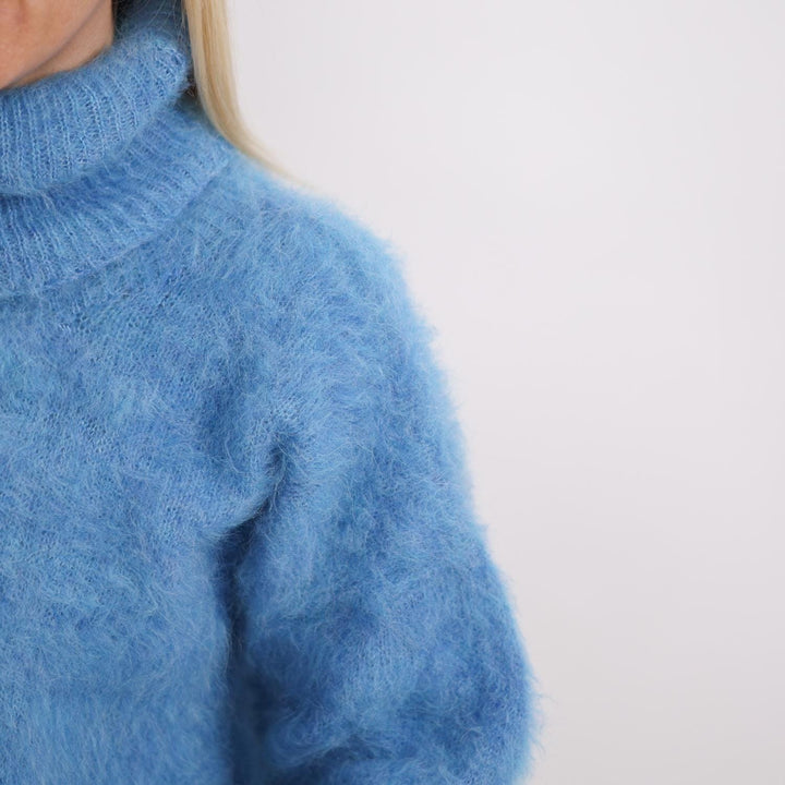 Soft Fluffy Alpaca Sweater, Hand-Knitted Fuzzy Blue Pullover T1905