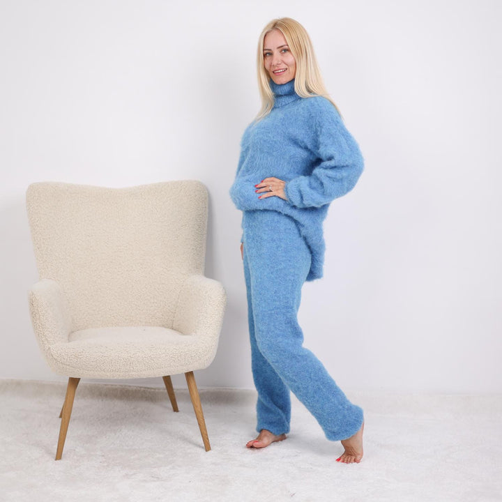 Fluffy Blue Alpaca Knit Set – Hand-Knitted Sweater and Pants Lounge Outfit T1906