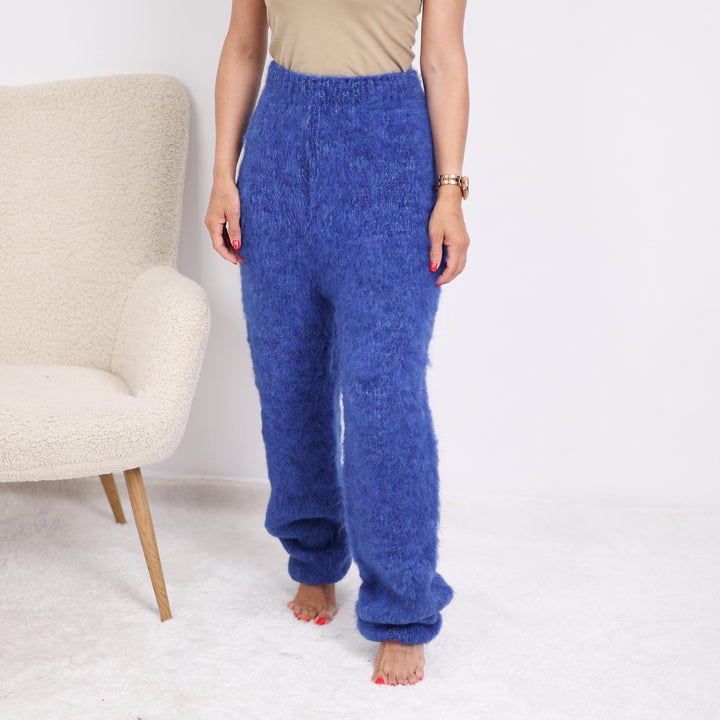 Alpaca Merino Knit Pants, Hand Knitted 6-Strand Soft Fluffy Blue Trousers T1908