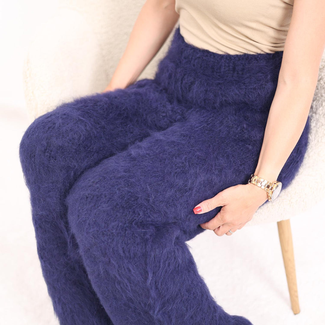 Suri Alpaca Knit Pants, Hand Knitted Long Haired Fluffy Navy Blue Trousers T1909