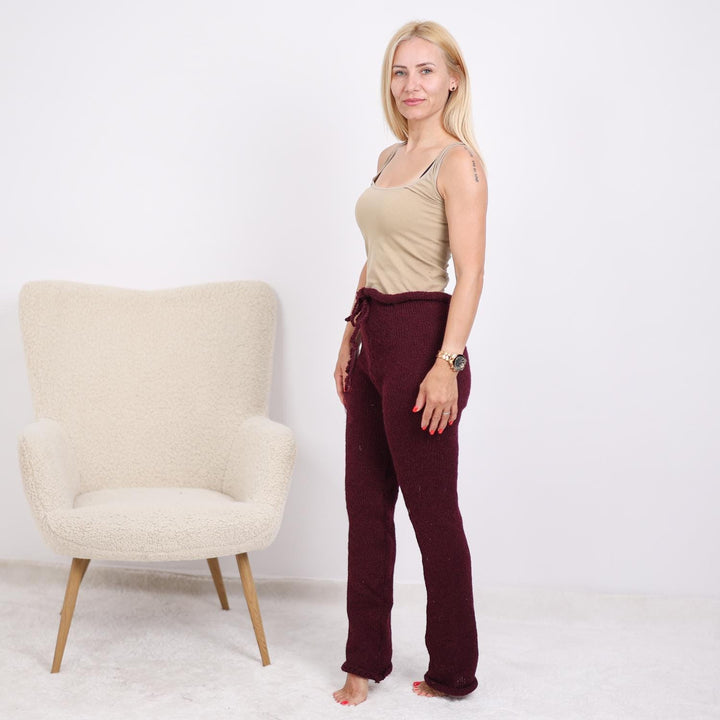 Burgundy Wool Knit Pants – Hand Knitted Itchy Wool Trousers T1911