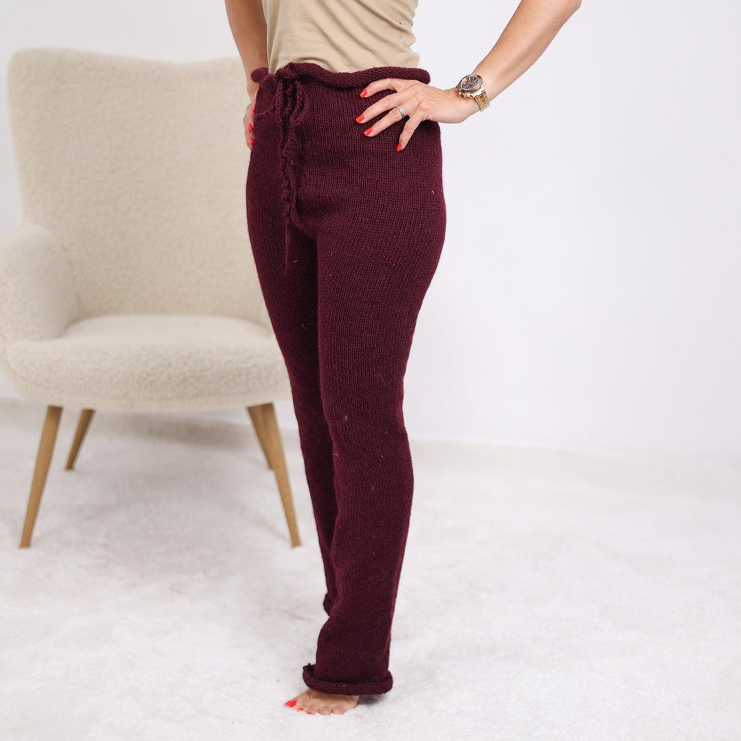 Burgundy Wool Knit Pants – Hand Knitted Itchy Wool Trousers T1911