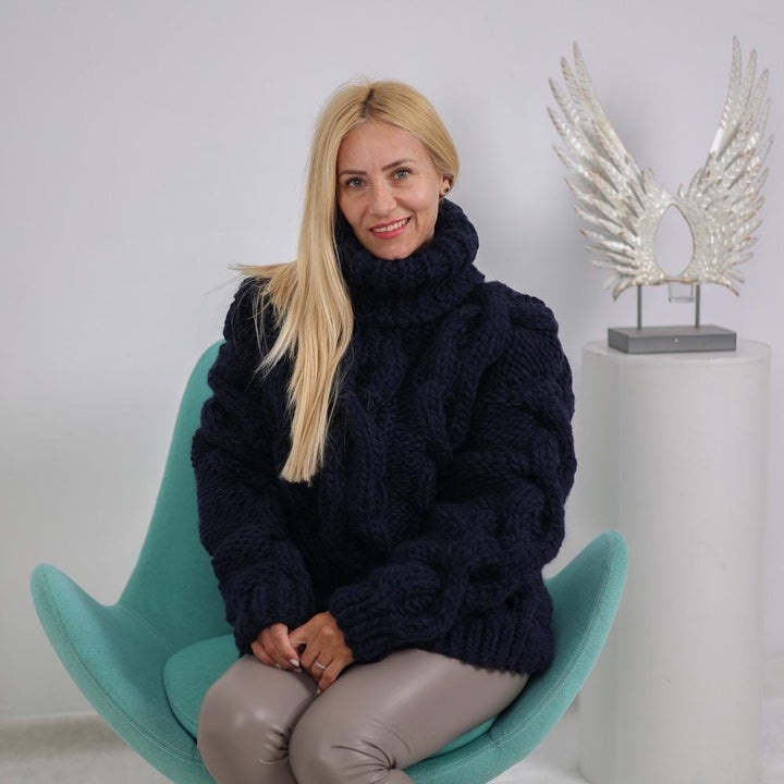 Extra Chunky Cable Knit Sweater, Hand Knitted 15-Strand Wool Yak Pullover T1918
