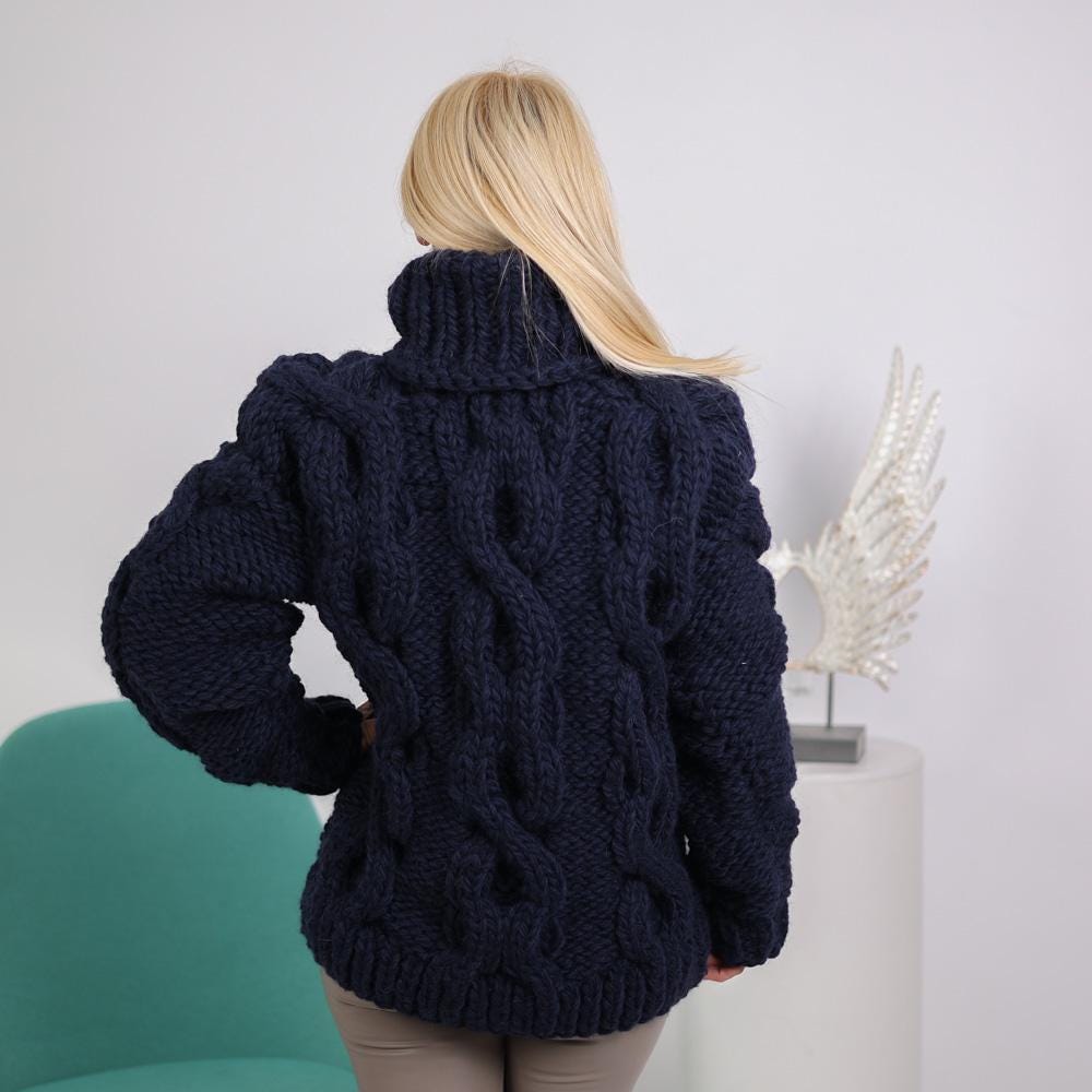 Extra Chunky Cable Knit Sweater, Hand Knitted 15-Strand Wool Yak Pullover T1918