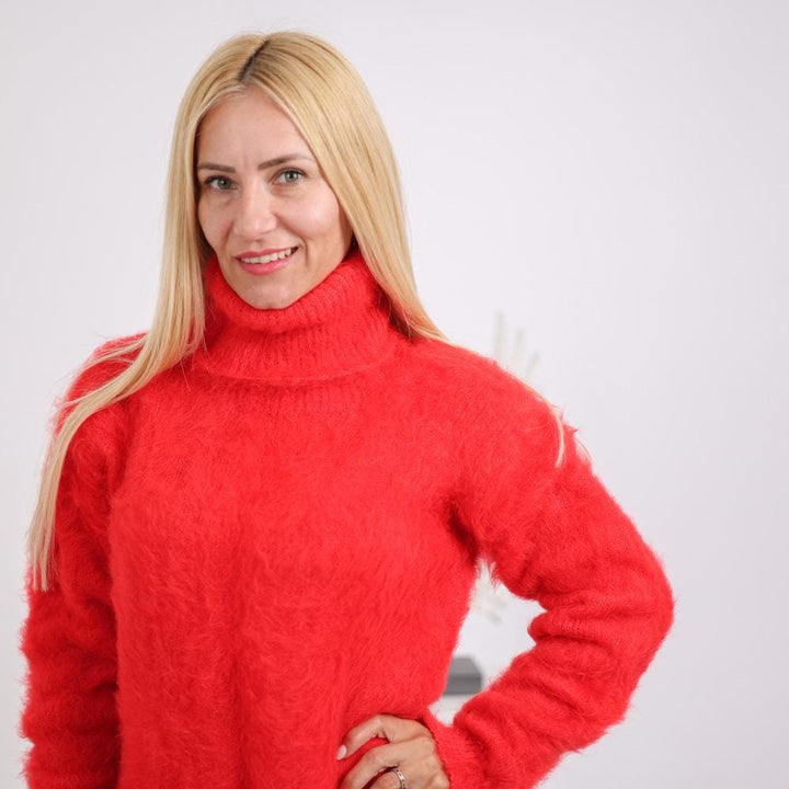Red Fluffy Alpaca Sweater, Hand-Knitted Hairy Soft Fuzzy Turtleneck Pullover T1921