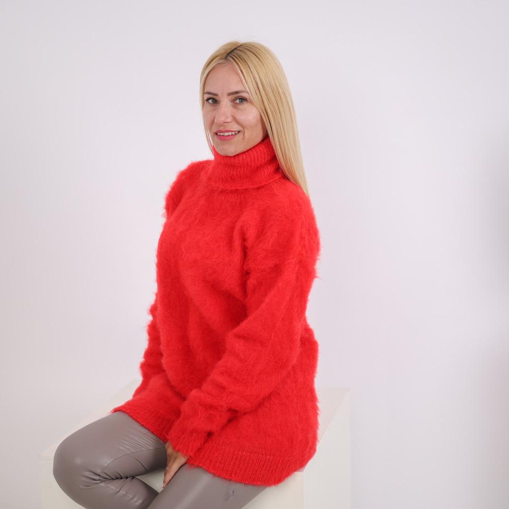 Red Fluffy Alpaca Sweater, Hand-Knitted Hairy Soft Fuzzy Turtleneck Pullover T1921