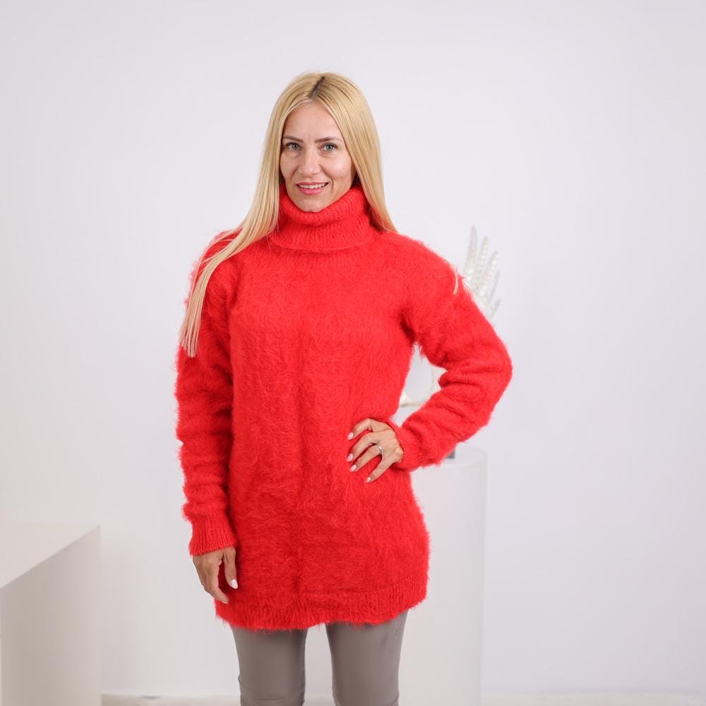 Red Fluffy Alpaca Sweater, Hand-Knitted Hairy Soft Fuzzy Turtleneck Pullover T1921