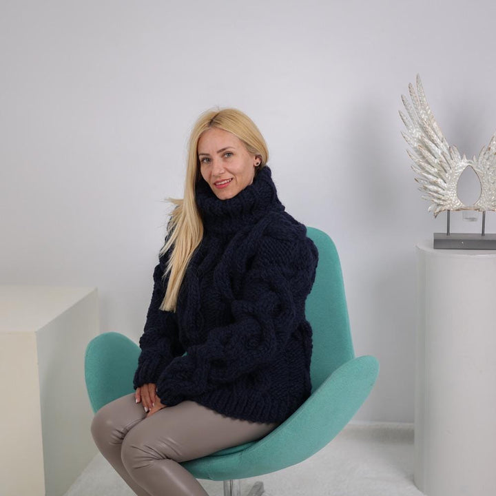 Extra Chunky Cable Knit Sweater, Hand Knitted 15-Strand Wool Yak Pullover T1918