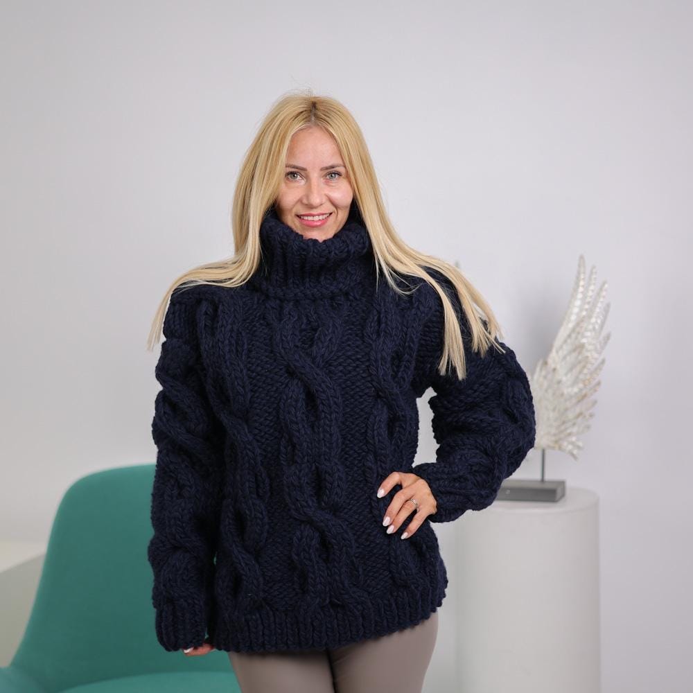 Extra Chunky Cable Knit Sweater, Hand Knitted 15-Strand Wool Yak Pullover T1918