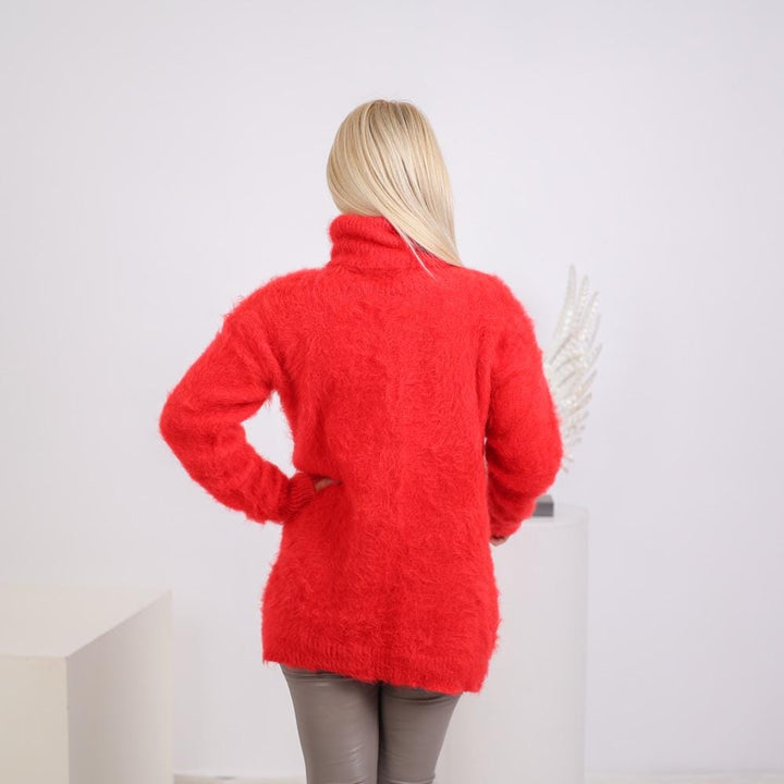 Red Fluffy Alpaca Sweater, Hand-Knitted Hairy Soft Fuzzy Turtleneck Pullover T1921