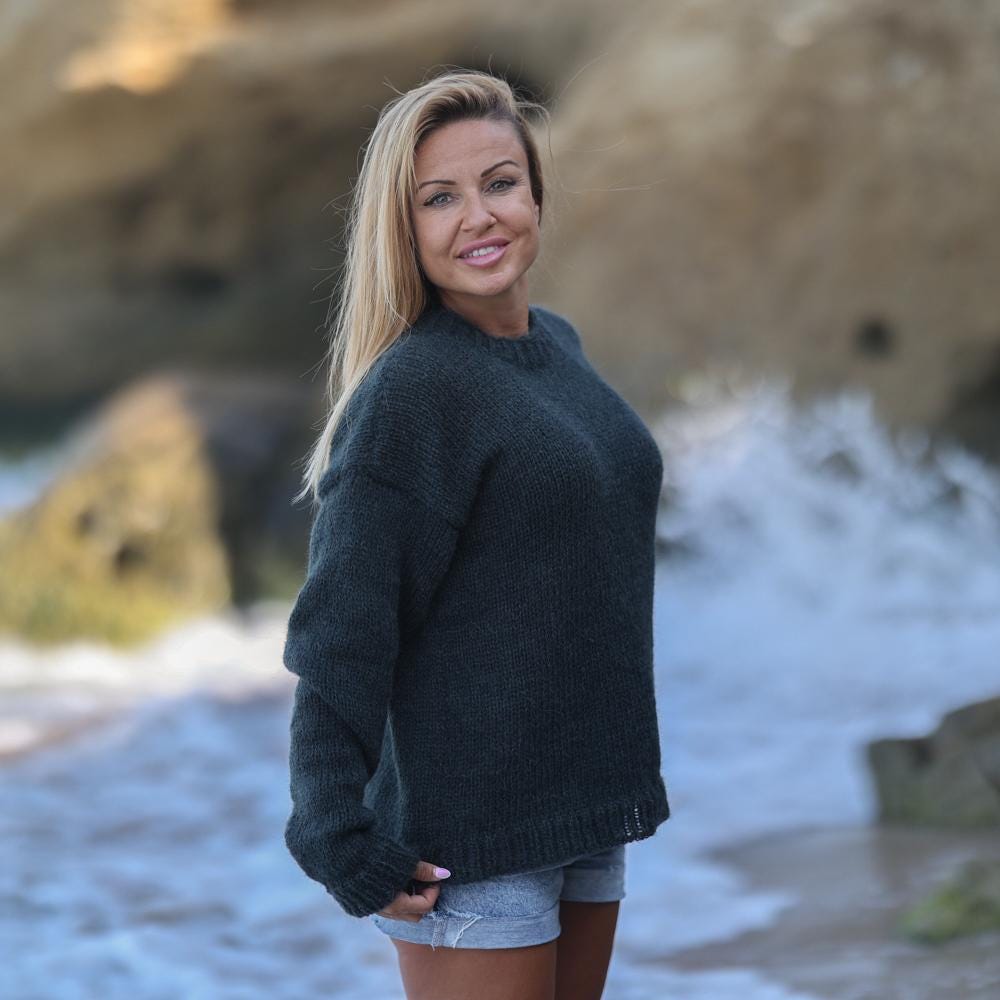 Italian Mohair Alpaca Sweater, Hand Knitted Soft Fuzzy Non Shedding Pullover T1937