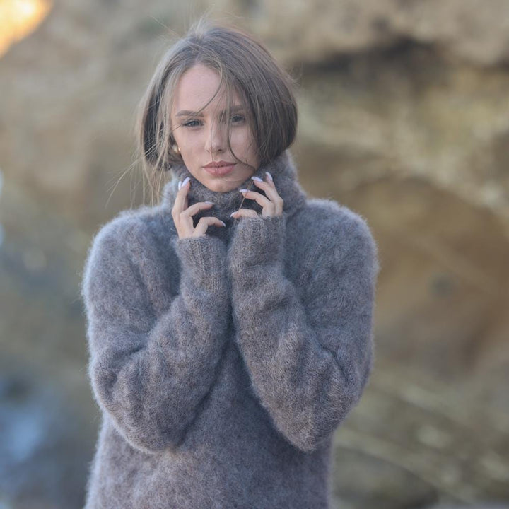 Hand Knitted Brushed kid Mohair Alpaca Sweater, Extra Fluffy Turtleneck Pullover in T1946